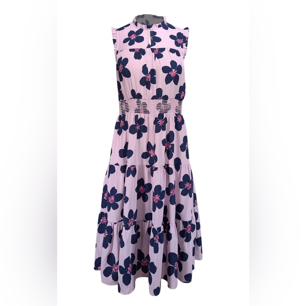 NWOT Kate Spade NY Grand Flora Mainline Pink Navy Smock Waist Sleeveless Dress